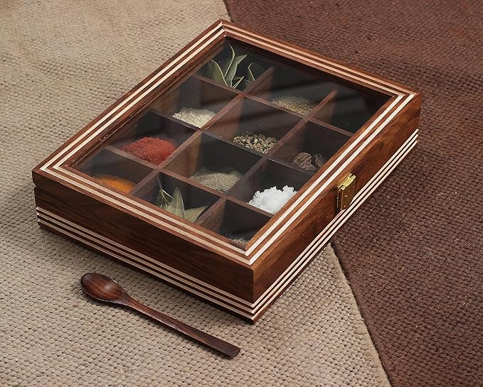 DEALS - ABHANDICRAFTS Wood Spice Box for Kitchen Table Top Masala Box with 12 Compartment and Spoon Multipurpose storage Box for Spices, Herbs (AB-MASALABOX-2)