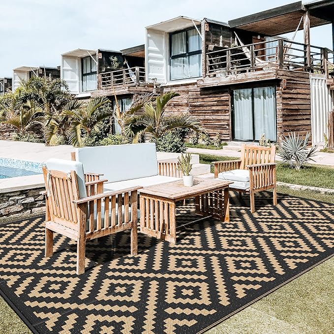 GENIMO Outdoor Rug for Patio Clearance, 10'x14' Waterproof Large Camping Mat, Reversible Plastic Straw Rugs for RV, Camper, Balcony, Backyard, Picnic, Deck (Black & Brown)