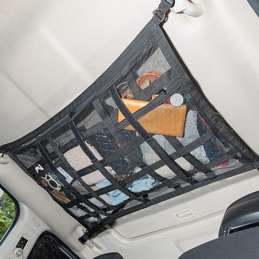 Car Ceiling Cargo Net Pocket Storage Net,29.5"x19.7" Adjustable D-Buckle to Reduce Sagging Roof Storage Organizer,Double-Layer Mesh SUV for SUVs,Road Trips,Car Camping Essentials