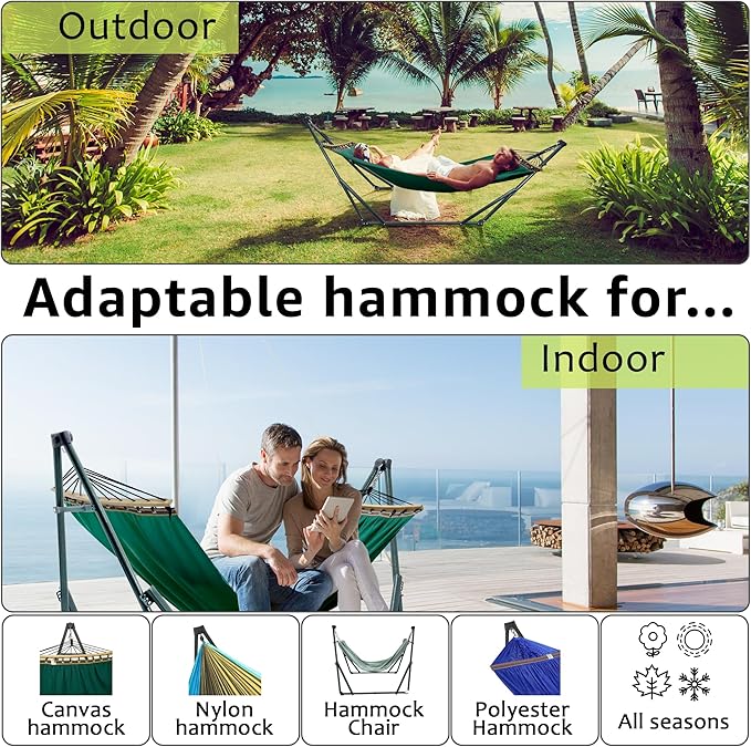 Tranquillo Sturdy Steel Hammock Stand with Premium Cotton Canvas, 600 lbs Capacity Folding, Portable Hammock Stand 30-Second Fold Unfold Spacious Design, (Canvas - Emerald Green)