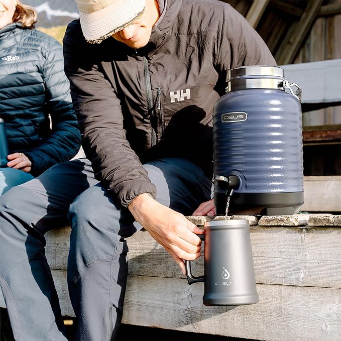 IDEUS Insulated Beverage Dispenser 5.2L, All-in-one for Camping Vacuum Double-Wall Stainless Steel Water Cooler Coffee Carafe Jug Leakproof Drink Container with Handle, Spigot & Stand (Blue)