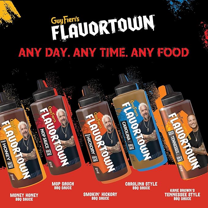 Guy Fieri’s Flavortown BBQ Sauce Variety Pack - Mop Sauce, Carolina BBQ Sauce - Barbecue Sauce Set, Moppin Sauce, Sweet & Tangy, Mustard BBQ Sauce, Beef Brisket Marinade - 12 Oz Each (Pack of 2)