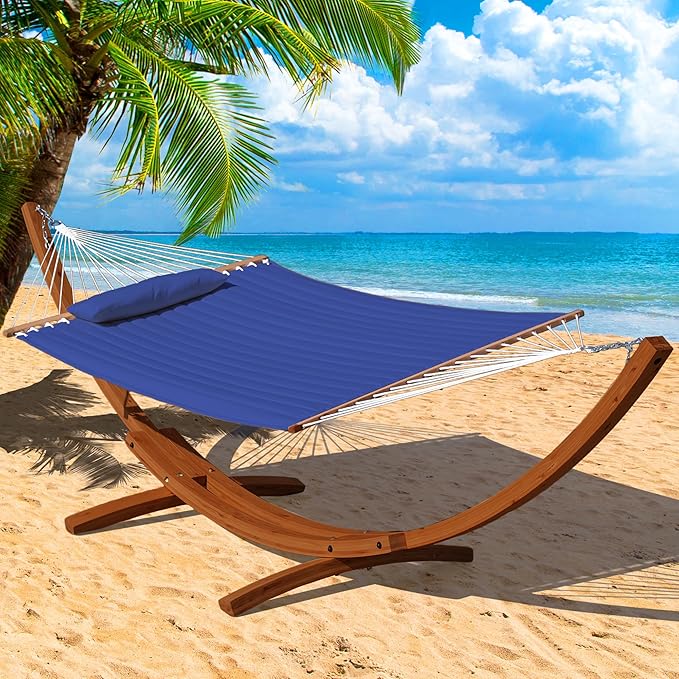 Lazy Daze Hammocks 12 FT Double Quilted Fabric Hammock and 13 FT Brown Wooden Arc Stand, with Spreader Bar, Removable Pillow, 2 Person Hammock for Outdoor Patio Poolside, 450 lb Capacity, Navy Blue