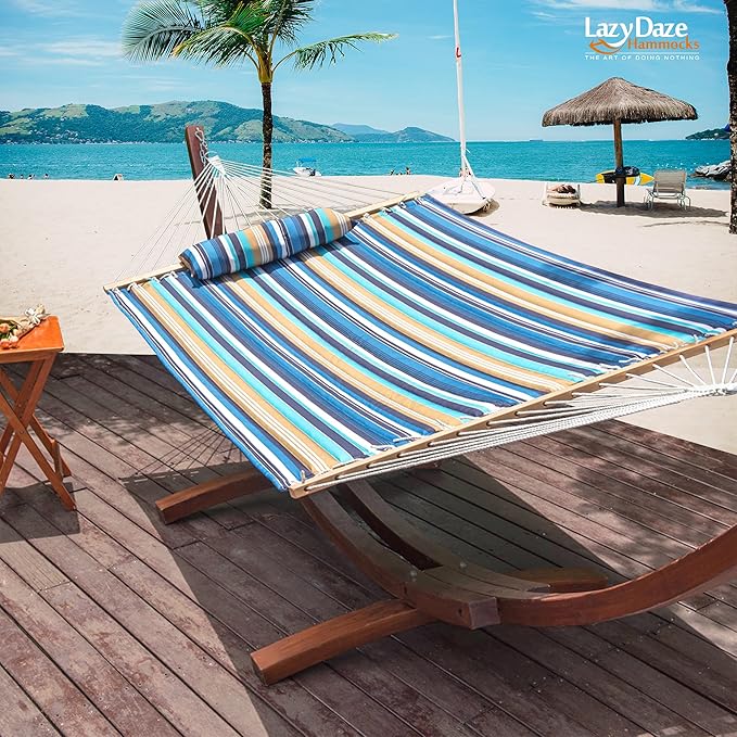 Lazy Daze Hammocks 12 FT Quilted Fabric Double Hammock with Spreader Bars and Detachable Pillow, 450 LBS Weight Capacity, Beaches Stripe