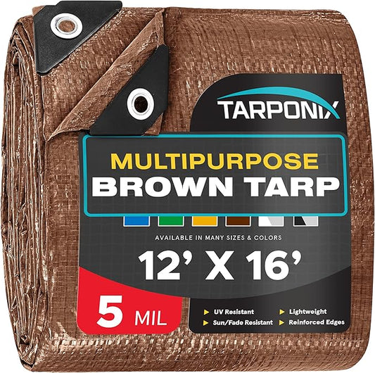 Brown Poly Tarp 12’ x 16’ – Lightweight 5 Mil Waterproof Cover – Durable, Weatherproof, Multipurpose Protection for Camping, Roofing, Construction