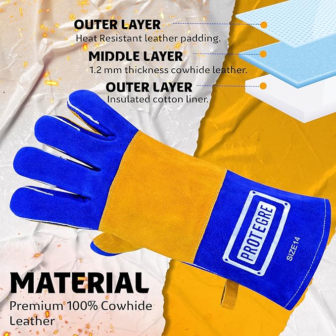 16” Welding Gloves – Heavy-Duty Heat & Flame Resistant Cowhide Leather, Kevlar-Stitched, 932℉ Protection for MIG, Stick, Forge, Fireplace, BBQ, Wood Stove (𝐁𝐥𝐮𝐞/𝐘𝐞𝐥𝐥𝐨𝐰)