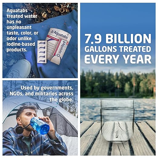 Aquatabs 49mg Water Purification Tablets (30 Pack). Water Filtration System for Hiking, Backpacking, Camping, Emergencies, Survival, and Home-Use. Easy to Use Treatment and Disinfection.