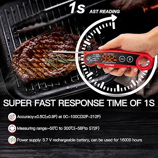 1-Second Rapid and Accurate Meat Thermometer - Waterproof Multifunctional Kitchen Food Thermometer, Ideal for Frying, Smoking, Grilling and More(Red)