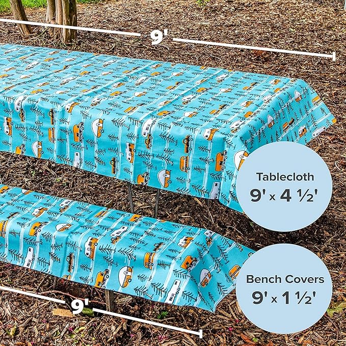 Camco Life is Better at The Campsite Tablecloth with Bench Covers | Provides a Clean Eating Surface for Outdoor Activities | Features an RV and Tree Sketch Design | (53380)