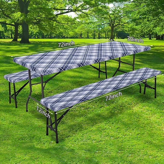 DYNH 3 Pcs Picnic Table Cover with Bench Covers, Waterproof Reusable Elastic Fitted Rectangle Picnic Table Cloths,30x60IN Blue Plaid Picnic Tablecloth for Camping Patio Travel Outdoor