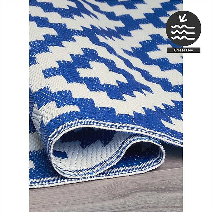 FH Home Outdoor Rug - Waterproof, Fade Resistant, Reversible - Premium Recycled Plastic - Geometric - Porch, Deck, Balcony, Mudroom, Laundry Room, Patio - Aztec - Blue & White Crease Free - 3 x 5 ft