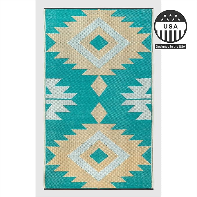 FH Home Outdoor Rug - Waterproof, Fade Resistant, Reversible - Premium Recycled Plastic - Geometric - Patio, Deck, Porch, Balcony - Bursa Kilim - Teal Crease Free - 5 x 8 ft