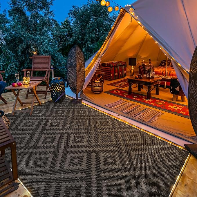 GENIMO Outdoor Rug with LED Strip Lights, 8'x10' Waterproof Camping Mat, Reversible Plastic Straw Rugs for Patio, RV, Camper, Balcony, Backyard, Picnic, Deck, Black & Gray