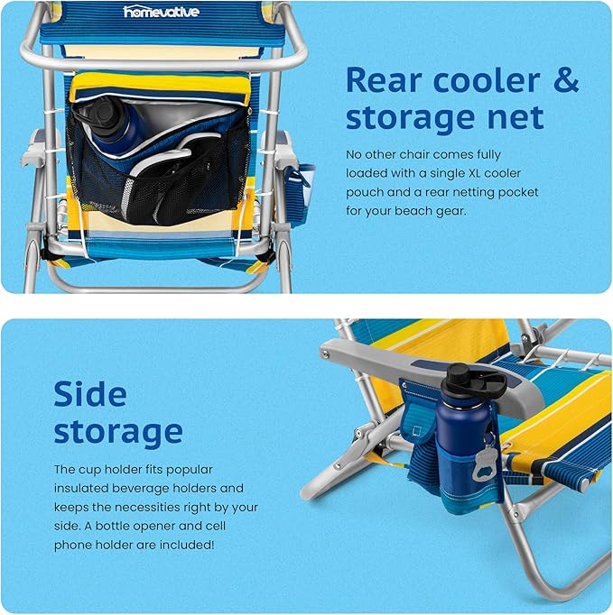 Homevative Backpack Fold-Up Beach Chair, 5 Positions, Towel bar, Cooler, Storage Pouch, Cup Holder and Phone Pocket