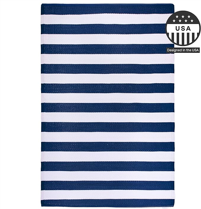 FH Home Outdoor Rug - Waterproof, Fade Resistant, Reversible - Premium Recycled Plastic - Striped - Patio, Deck, Porch, Balcony, Laundry Room - Brittany Stripe - Blue & White Crease Free - 4 x 6 ft