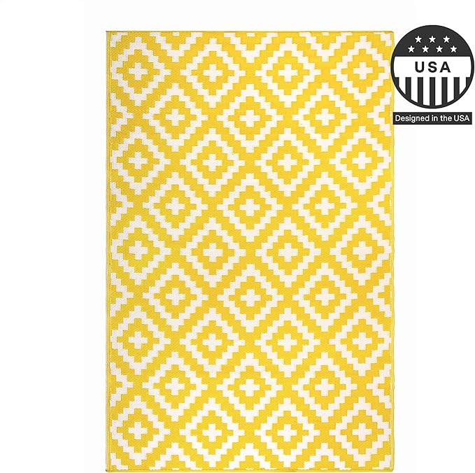 FH Home Outdoor Camping Rug - Waterproof, Fade Resistant, Reversible - Premium Recycled Plastic - Geometric - Large Patio, Deck, Sunroom, RV - Aztec - Yellow & White - 9 x 18 ft Foldable