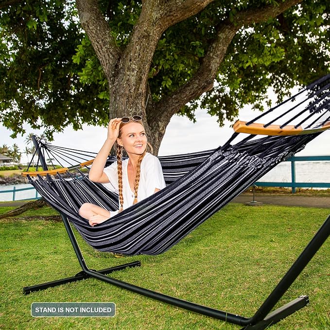 SUNCREAT Hammocks Double Hammock with Curved Spreader Bar, Outdoor Camping Portable Hammock with Carrying Bag & Tree Straps for Patio, Backyard, Balcony, Max 450lbs Capacity, Dark Gray