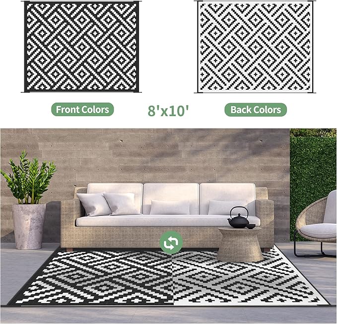 GENIMO Outdoor Rugs 8x10 Waterproof, Reversible Mats, Area Plastic Straw Rug, Outside Carpet, Geometric Rv Mat for Patio Camping Picnic Backyard Deck Balcony Porch Beach Trailer (Black & White)