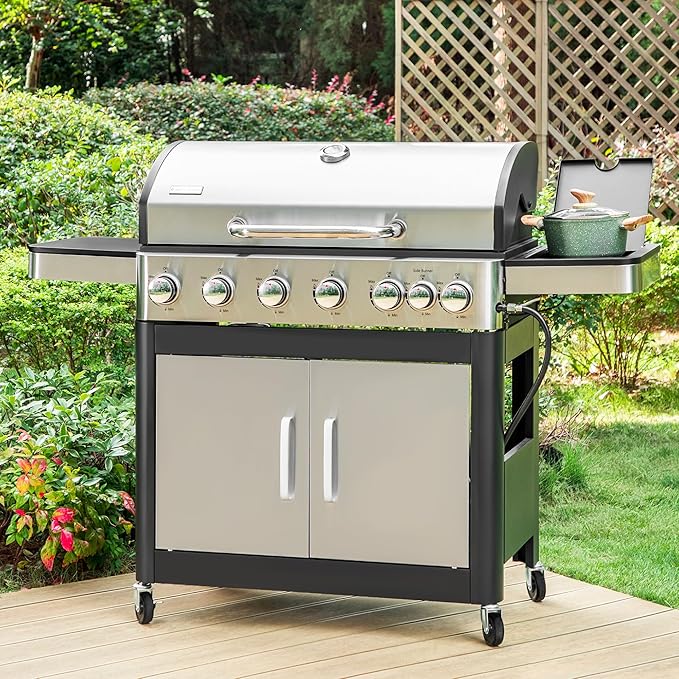 6 Burner Propane Gas BBQ Grill with Side Burner & Porcelain-Enameled Cast Iron Grate, 65,800 BTUs Barbecue Grill 665 Sq. In. Grilling Area, Outdoor Propane Grill for Camping Patio Backyard Cooking