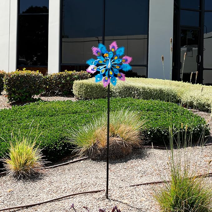 Alpine Corporation SLL2430 Double Layer Peacock Kinetic Wind Spinner Garden Stake, Colorful Statement Garden Décor, 55" H