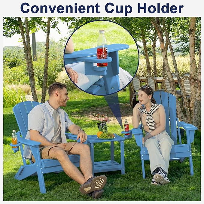 Folding Adirondack Chair with Cup Holder,SGS Tested,Heavy All-Weather,Wooden Textured,HDPE Outdoor Chairs for Patio Backyard Fire Pit, Light Blue