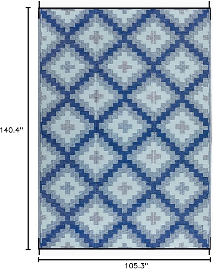 FH Home Outdoor Camping Rug - Waterproof, Fade Resistant, Reversible - Premium Recycled Plastic - Geometric - Large Patio, Deck, Sunroom, RV - Aztec Kilim - Blue Multi - 9 x 12 ft Foldable