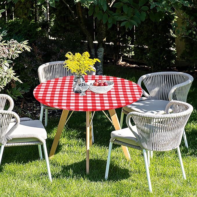 Fitable Waterproof Fitted Round Tablecloth with Elastic - 2 Pack Gingham Vinyl Tablecloth with Flannel Backing Outdoor Table Cover for Picnic Party, Red and White (Fit for 57"-68" Round Tables)