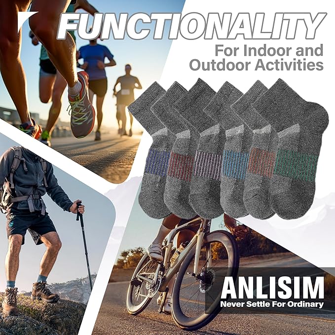 6 Pairs Merino Wool Ankle Running Hiking Socks Compression Support Breathable Thick Cushion No Show Socks for Women Men