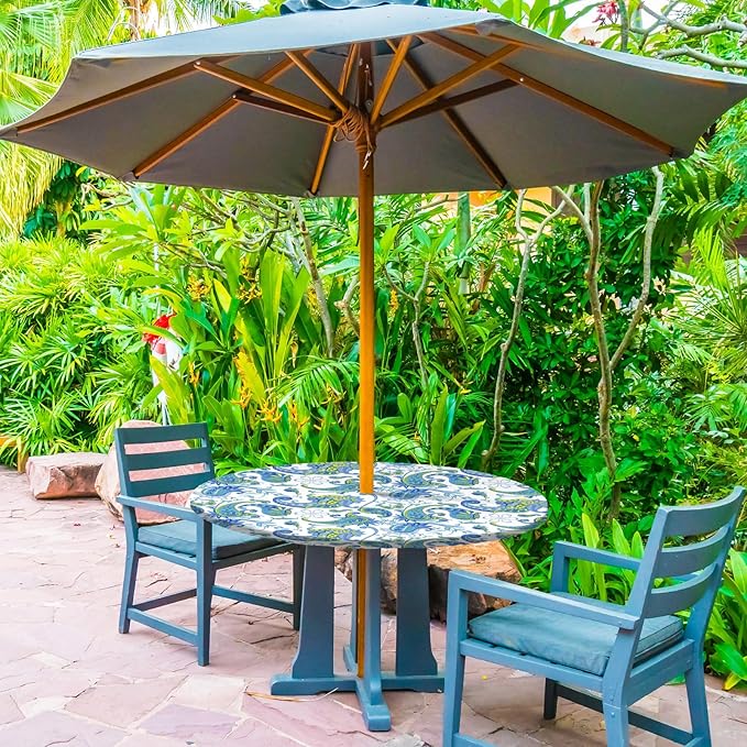 2 Pcs Round Outdoor Tablecloth with Umbrella Hole - Anti-wrinkle Polyester Tablecloth with Elastic Zipper Table Cover for Summer Patio Camping Party(45''-53'',Paisley, Floral Circle)