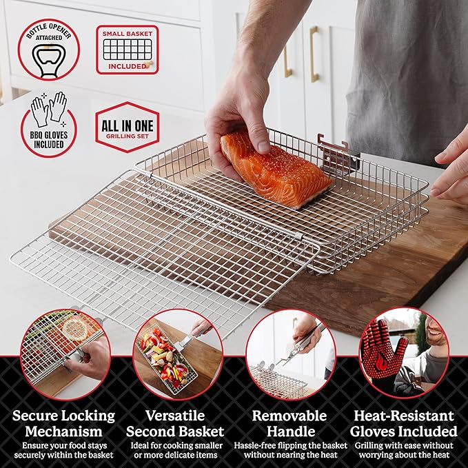 BLAZIN' GRILL Baskets for Outdoor Grill | 2 Grilling Baskets with Detachable Handle | Barbecue Grill Set with BBQ Gloves | Portable Camping Net Rack Perfect for Vegetables, Seafood & Meat