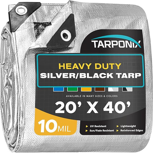 20' x 40' Dual-Sided Heavy-Duty Tarp – 10 Mil Tear-Resistant Silver & Black Cover with Reinforced Edges and Anti-Rust Grommets