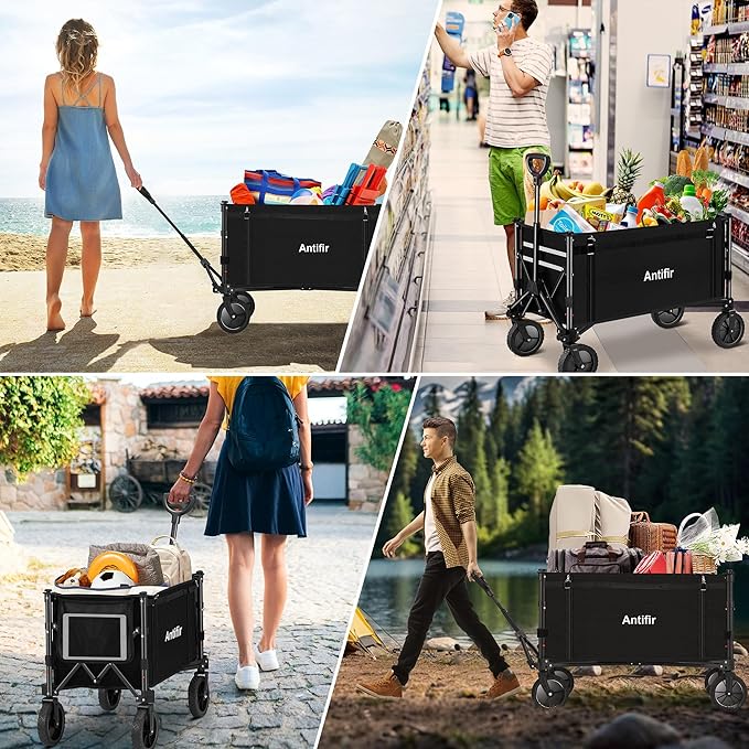 Collapsible Wagon Carts,Folding Wagon Cart with All Terrain Wheels,Heavy Duty Garden Carts with Adjustable Handle,Outdoor Utility Wagon for Camping Shopping Sports Fishing (Black)