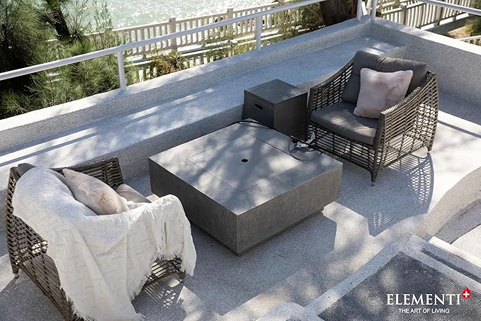 Elementi+ | Bundle Victoria Gas Fire Pit Cast Concrete 40" Square Fire Table, Outdoor Fire Pit Electronic Ignition | Canvas Cover, Fire Glass and Burner Lid Included | Light Gray | Propane Gas