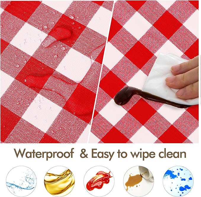 Fitable Waterproof Fitted Round Tablecloth with Elastic - 2 Pack Gingham Vinyl Tablecloth with Flannel Backing Outdoor Table Cover for Picnic Party, Red and White (Fit for 57"-68" Round Tables)