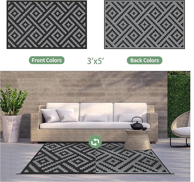 GENIMO Outdoor Rugs 3x5 Waterproof, Reversible Mats, Outdoor Area Rug, Plastic Outside Carpet, Eeometric Rv Mat for Patio Camping Rv Picnic Backyard Deck Balcony Porch Beach Trailer (Black & Grey)