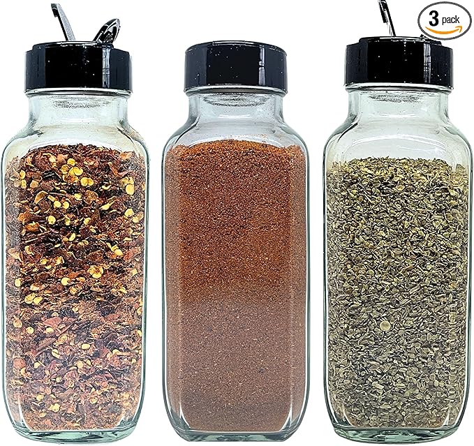 JARMING COLLECTIONS Glass Spice Jars with Shaker Lids - Spice Jars 8oz for Food Storage, Spice Containers for Kitchen Organization and Storage, Glass Organizing Bottles (French Square 8oz Blackx3)
