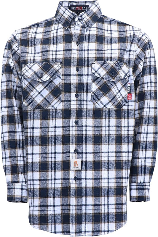 BOCOMAL FR Shirts for Men Welding Shirt Plaid 8.5oz Heavyweight Fire Retardant/Flame Resistant Welding Jacket