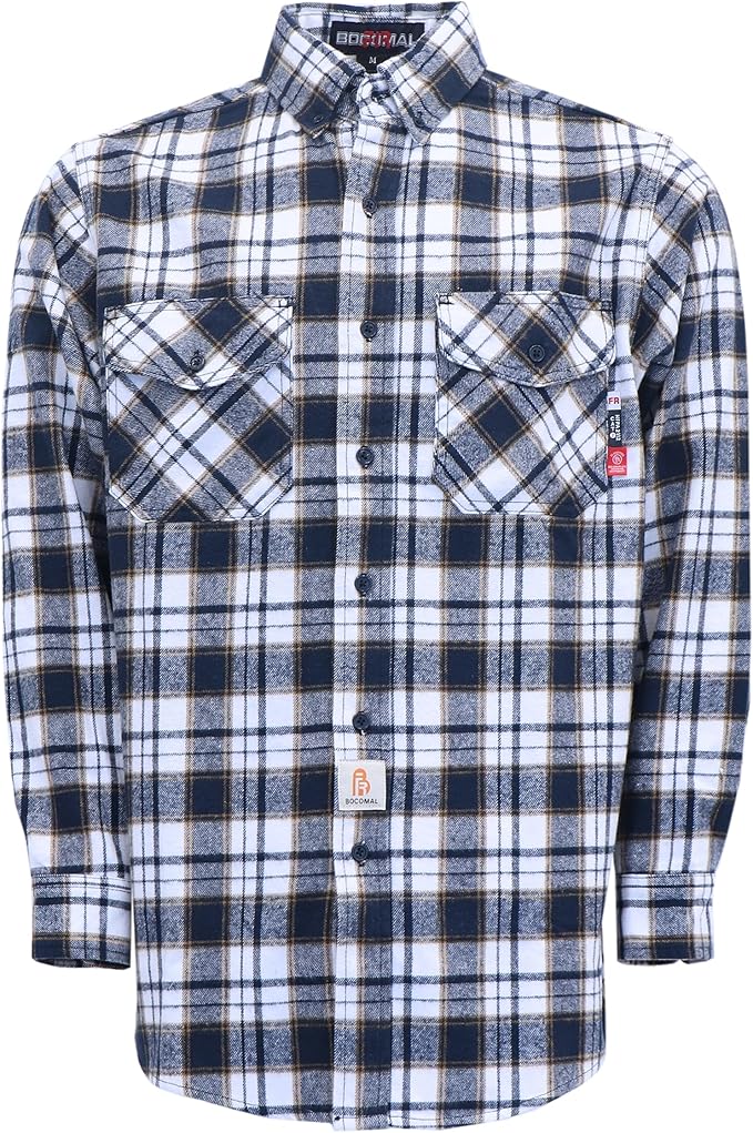 BOCOMAL FR Shirts for Men Welding Shirt Plaid 8.5oz Heavyweight Fire Retardant/Flame Resistant Welding Jacket