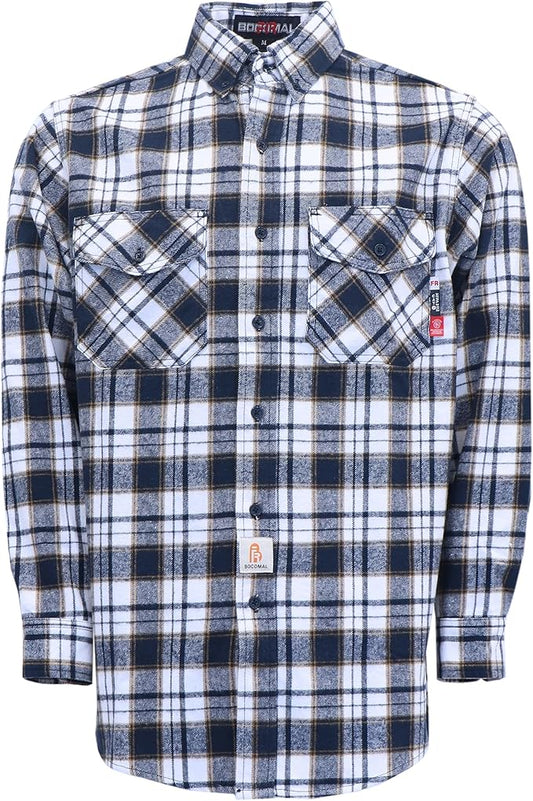 BOCOMAL FR Shirts for Men Welding Shirt Plaid 8.5oz Heavyweight Fire Retardant/Flame Resistant Welding Jacket
