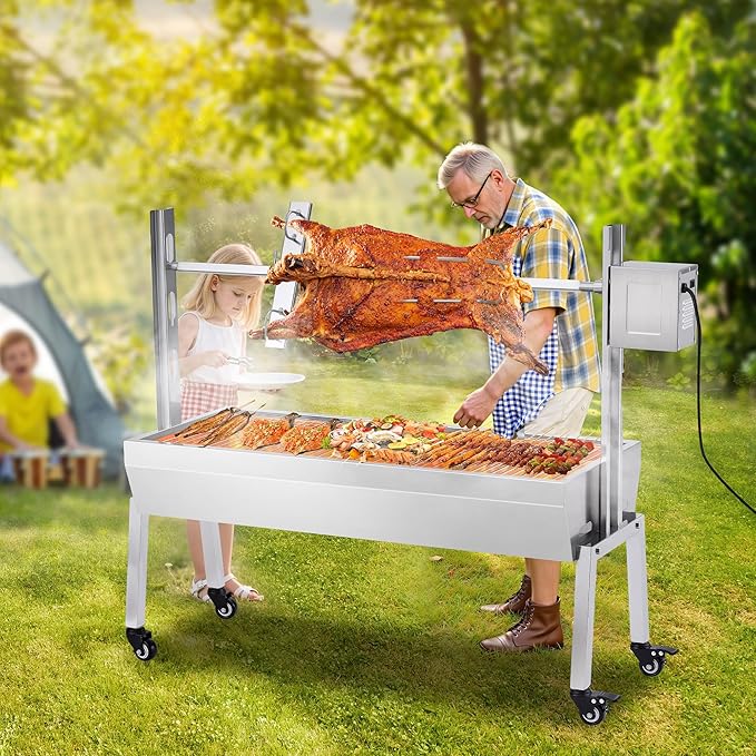 Jocisland Electric BBQ Rotisserie Grill Kit, 42" 132 Lbs Capacity, 45W Motor, Height-Adjustable Stainless Steel Pig Lamb Charcoal Rotisserie Roaster with Lockable Wheels for Camping Outdoor