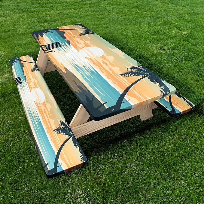 72 X 30 Inch Elastic Fitted Camping Table Cover with Bench Covers & Storage Bag, Picnic Tablecloth, Fits 6ft Picnic Tables,Washable & Reusable, Spill Resistant,Waterproof - Tropical Beach