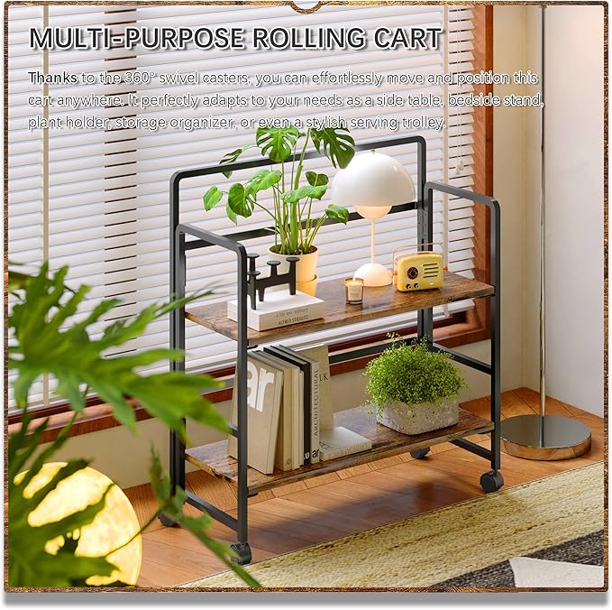 4NM 2 Tiers No-Assembly Folding Bookshelf with Wheels, Portable Rolling Storage Foldable Bookcase & Compact Side Table for Living Room, Bedroom, Kitchen, Bathroom (Rustic Brown and Black)