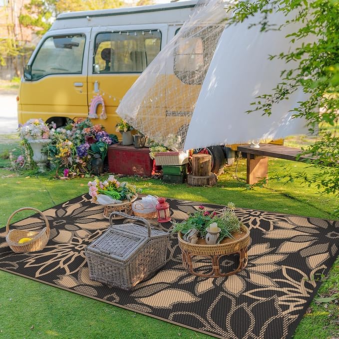 GENIMO Outdoor Rug Waterproof for Patio Decor, 8' x 10' Reversible Plastic Straw Floral Camping Carpet, Large Area Rugs Mats for RV, Camper, Deck, Balcony, Porch, Beach, Picnic, Black & Brown