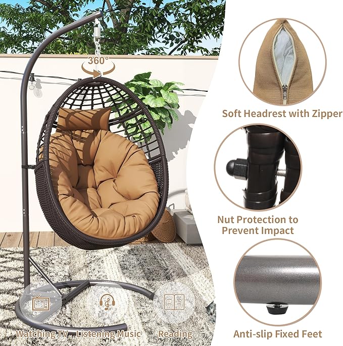 TWT Hanging Egg Chair with Stand, 330lbs Capacity Patio Wicker Egg Swing Chair with UV Resistant Cushion for Bedroom Garden Indoor Outdoor (Dark Brown)