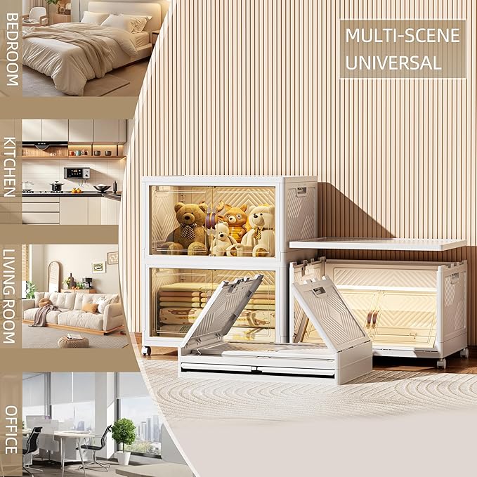 208 QT / 52 Gal Stackable Collapsible Storage Bins with Magnetic Doors & Wheels - Space-Saving Plastic Organizer Cabinet for Closet, Office, Home (White)