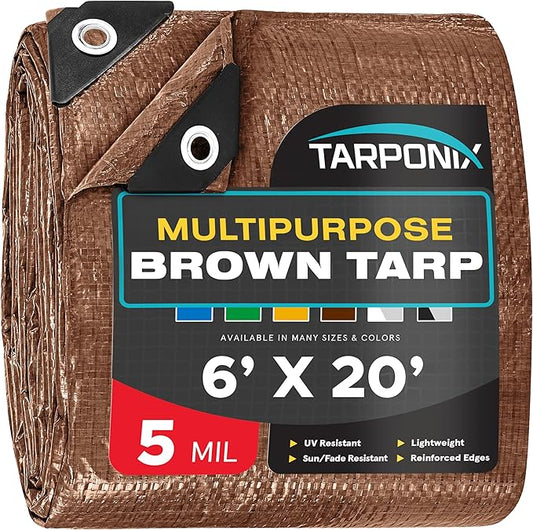 Brown Poly Tarp 6’ x 20’ – Lightweight 5 Mil Waterproof Cover – Durable, Weatherproof, Multipurpose Protection for Camping, Roofing, Construction