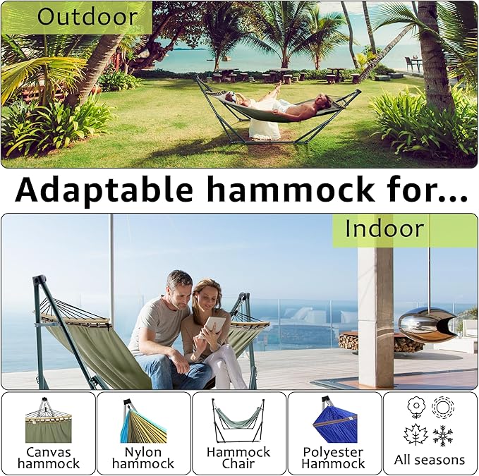 Tranquillo Sturdy Steel Hammock Stand with Premium Cotton Canvas, 600 lbs Capacity Hammock Folding, Portable Hammock Stand 30-Second Fold Unfold Spacious Hammock Design, Sage