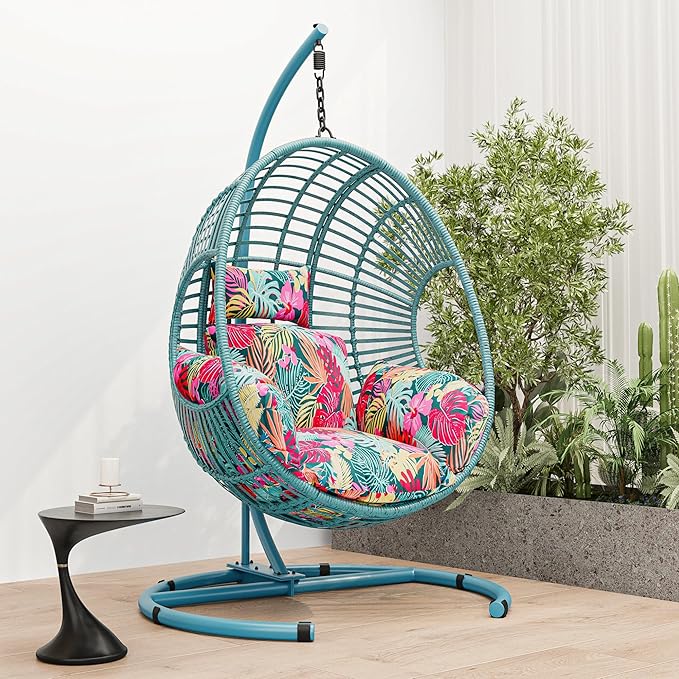 Hanging Egg Chair with Stand - Egg Swing Chair Outdoor Indoor Patio Wicker Chair Swing Hammock Egg Chairs 400lbs Capacity for Outside Patio, Bedroom, Garden and Balcony (Blue-Regular, 1 PC)