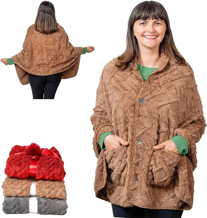 Boho Chic Wearable Blanket -No Sleeves- Lightweight Wrap Shawl - Lap Blanket - Gifts for Grandma - Women's Day Gifts (Jacquard, Velvet Brown)