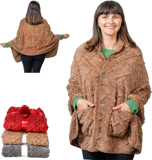 Boho Chic Wearable Blanket -No Sleeves- Lightweight Wrap Shawl - Lap Blanket - Gifts for Grandma - Women's Day Gifts (Jacquard, Velvet Brown)